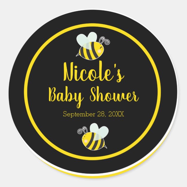 Pegatina Redonda Bumble Black & Yellow White Bee Ther Baby Shower (Anverso)