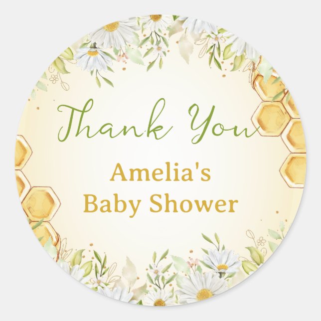 Pegatina Redonda Bumblebee Daisy Honey Baby Shower Favor Gracias (Anverso)