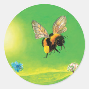 Pegatina Redonda Bumblebee volando sobre el prado