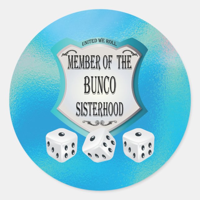 Pegatina Redonda Bunco Sisterhood Dice Juego Azul Moderno (Anverso)
