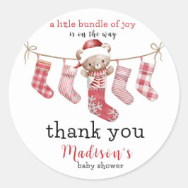 Pegatina Redonda Bundle of Joy Winter Teddy Bear Baby Shower