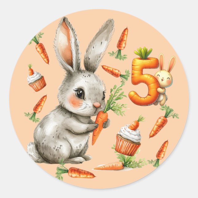 Pegatina Redonda Bunnies and Carrots Fiesta de Cumpleaños 5 (Anverso)