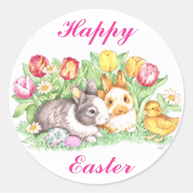 Pegatina Redonda Bunnies de Pascua, Duckling y Tulips (Anverso)