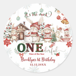 Pegatina Redonda Bunnies Winter ONEderland Navidades Primer cumplea