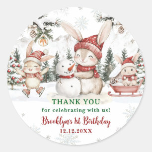 Pegatina Redonda Bunnies Winter ONEderland Navidades Primer cumplea