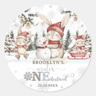 Pegatina Redonda Bunnies Winter ONEderland Navidades Primer cumplea