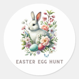 Pegatina Redonda Bunny and Flowers de cuatricromía de Pascua