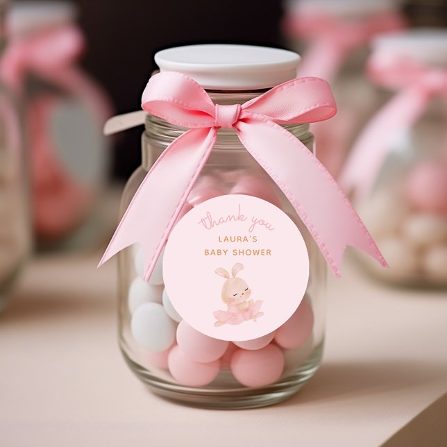 Pegatina Redonda Bunny Ballerina Tutu Baby Shower Gracias (Cute bunny ballerina watercolor illustration for baby shower favors)