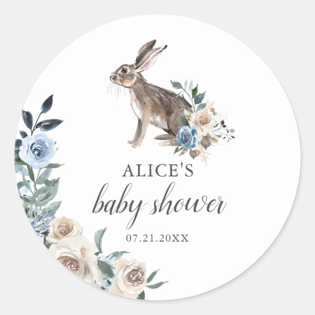 Pegatina Redonda Bunny Boho Dusty Blue Beige Flowers Baby Shower (Anverso)