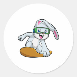 Pegatina Redonda Bunny como Snowboarder con Snowboard