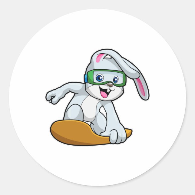 Pegatina Redonda Bunny como Snowboarder con Snowboard (Anverso)