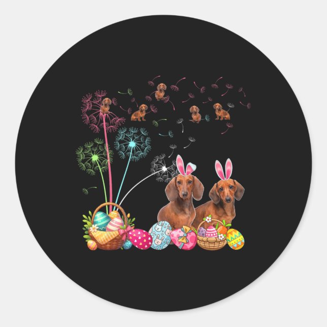 Pegatina Redonda Bunny Dachshunds Dandelions Hu (Anverso)