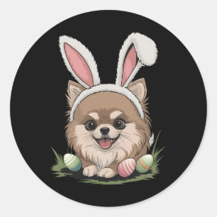 Pegatina Redonda Bunny de Pascua de Perro Pomerania