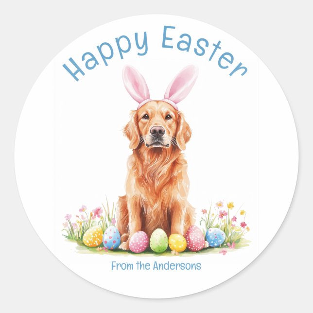 Pegatina Redonda Bunny Ear Golden Retriever Dog Funny Easter (Anverso)