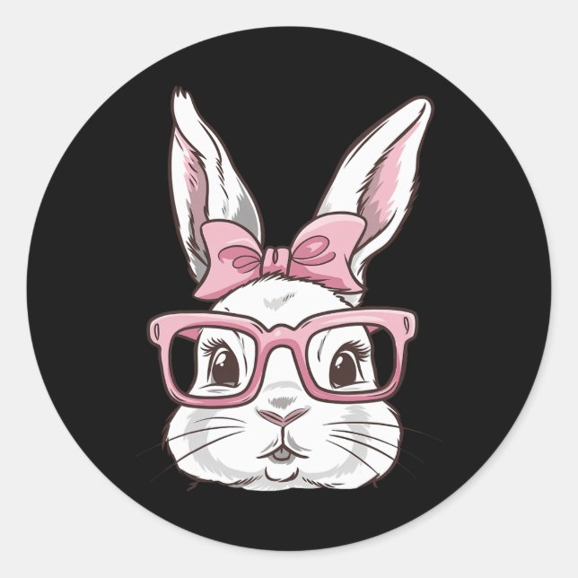 Pegatina Redonda Bunny Face With Pink Sungles Bow Tie Easter Day Gi (Anverso)
