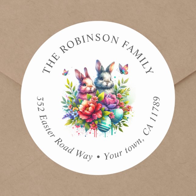 Pegatina Redonda Bunny Floral Easter Return Address (Cute easter bunny, easter eggs, floral, easter return address label sticker.)