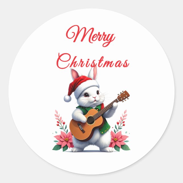 Pegatina Redonda Bunny Guitar Merry Christmas Sticker (Anverso)