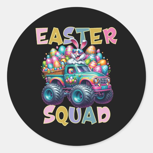 Pegatina Redonda Bunny Happy Easter Monster Truck Amantes del Huevo (Anverso)