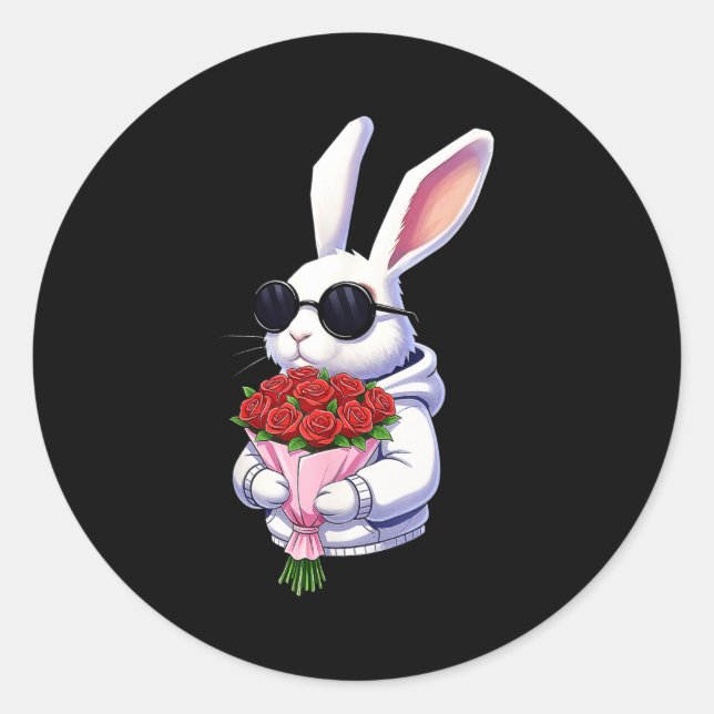 Pegatina Redonda Bunny Hugging Valentine Flower Bunny  (Anverso)