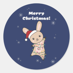 Pegatina Redonda Bunny Merry Christmas Winter Animals Rabbits Class