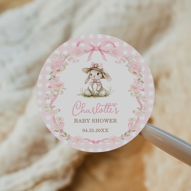 Pegatina Redonda Bunny Pink Bow Gingham Baby Shower (Subido por el creador)