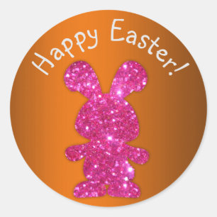 Pegatina Redonda Bunny Purpurina Rosa Feliz Pascua