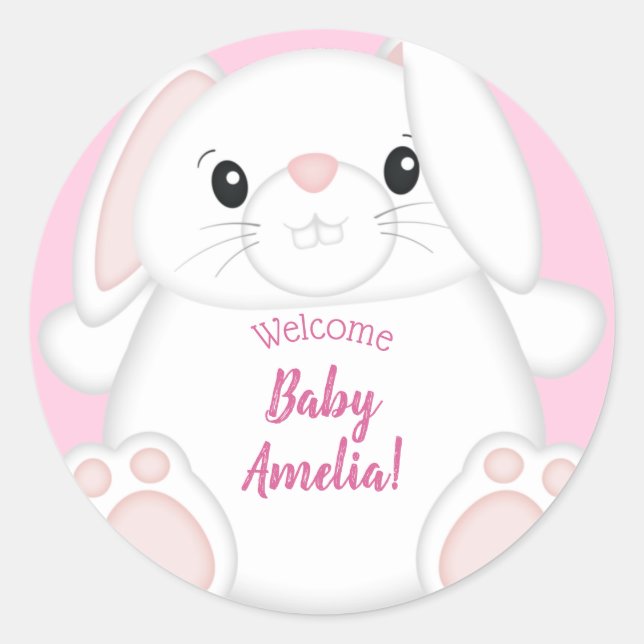 Pegatina Redonda Bunny Rabbit Baby Shower Pink (Anverso)
