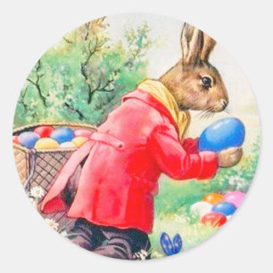 Pegatina Redonda Bunny vintage burgués y coloridos huevos de Pascua