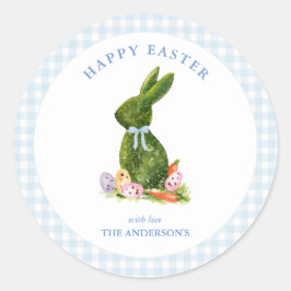 Pegatina Redonda Bunny with Blue gingham border Happy Easter