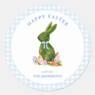 Pegatina Redonda Bunny with Blue gingham border Happy Easter
