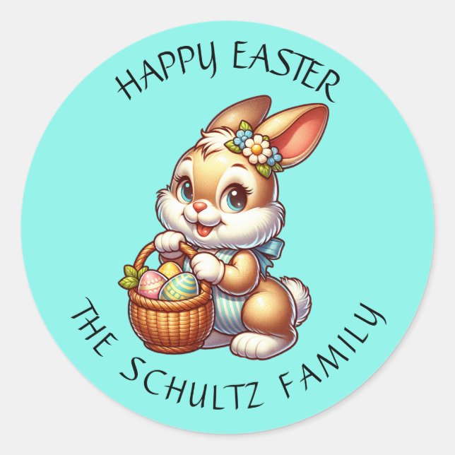 Pegatina Redonda Bunny y cesta de Semana Santa personalizada (Anverso)
