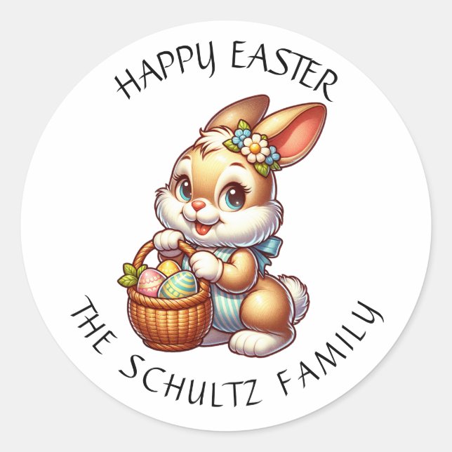 Pegatina Redonda Bunny y cesta de Semana Santa personalizada (Anverso)