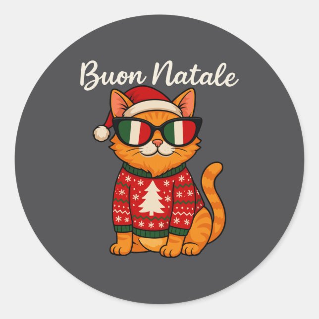 Pegatina Redonda Buon Natale Italian Cat Christmas, Italy Pride Hol (Anverso)