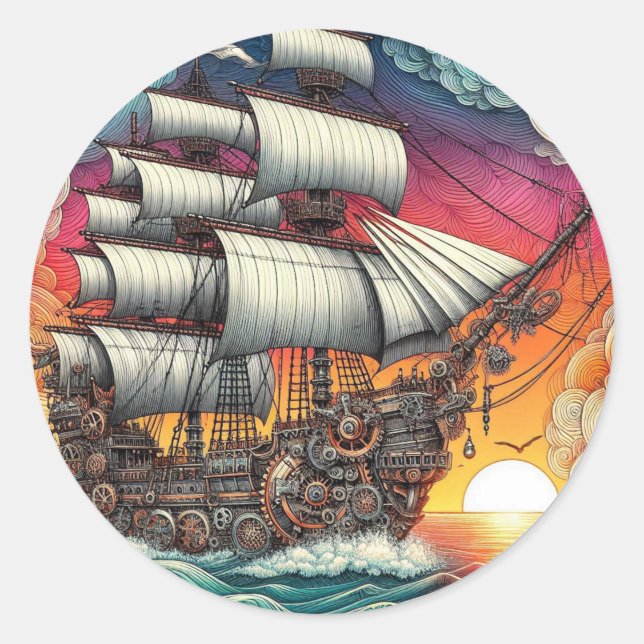 PEGATINA REDONDA BUQUE DE VELA STEAMPUNK ATARDECER (Anverso)