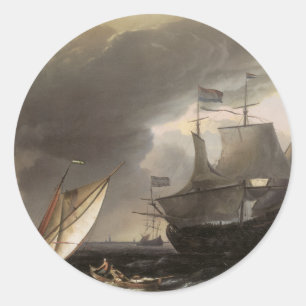 Pegatina Redonda Buques holandeses en un mar tempestuoso C. 1690