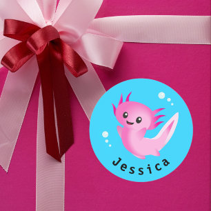 Pegatina Redonda Burbuja Axolotl rosa morado con nombre