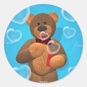 Pegatina Redonda Burbujas del corazón del oso que soplan pequeño