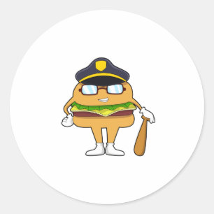 Pegatina Redonda Burger como oficial de policía con gorra de policí