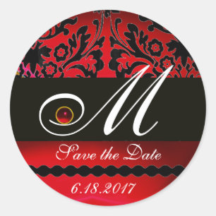 Pegatina Redonda BURGUNDA NEGRA Y ROJA DAMASK MONOGRAM, Ruby