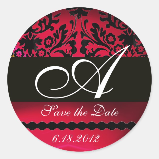 Pegatina Redonda BURGUNDA NEGRA Y ROJA DAMASK MONOGRAM, Ruby (Anverso)