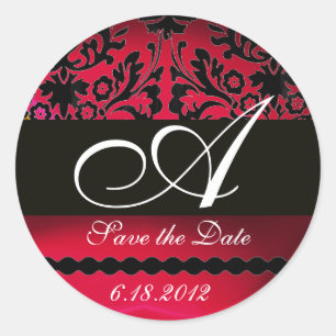 Pegatina Redonda BURGUNDA NEGRA Y ROJA DAMASK MONOGRAM, Ruby