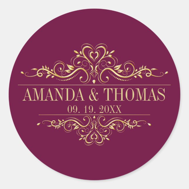 Pegatina Redonda BurgundElegant Frame Personalized Wedding Stickers (Anverso)