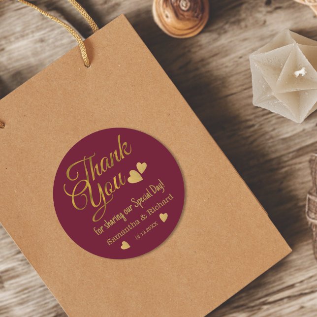 Pegatina Redonda Burgundy And Gold Thank You Wedding Party Favor    (Subido por el creador)