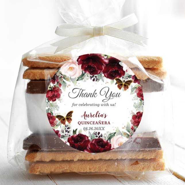 Pegatina Redonda Burgundy Besado Floral Quinceañera Mariposas (Subido por el creador)