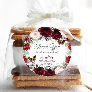 Pegatina Redonda Burgundy Blush Floral Quinceañera Mariposas