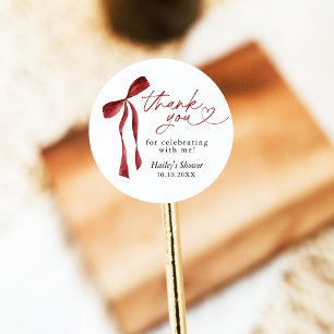 Pegatina Redonda Burgundy Bow Bridal Shower Gracias, Favor Tags