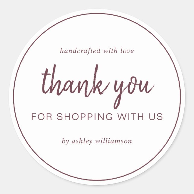 Pegatina Redonda Burgundy Chic Script Gracias Por Comprar (Anverso)