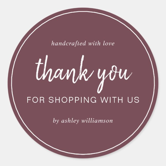 Pegatina Redonda Burgundy Chic Script Gracias Por Comprar (Anverso)