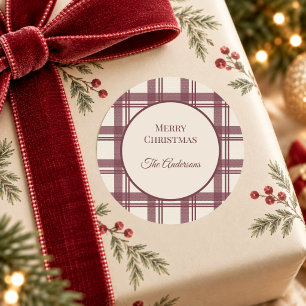 Pegatina Redonda Burgundy Cream Tartán Cuadros Navidad