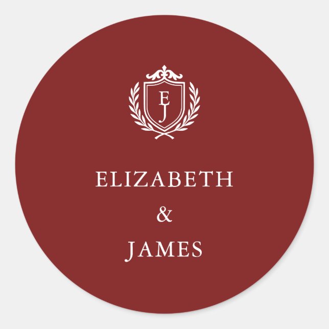 Pegatina Redonda Burgundy Crest Wedding Custom Initials (Anverso)